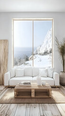 Minimalist Living Room Interior Showcases Winter Landscape through Large Windows with Natural Elements.