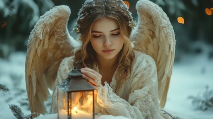 Ethereal winter scene featuring a serene angelic figure holding a lantern in a snowy forest