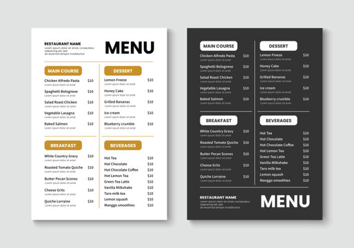 Restaurant food menu template. Minimalist menu layout design. Booklet, brochure, cover, flyer design. Vector illustration