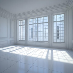 Empty White Room with Large Windows and Tile Floor Brightly Lit by Sunlight