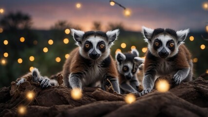 A group of lemurs playfully interacting in a natural setting with soft glowing lights.