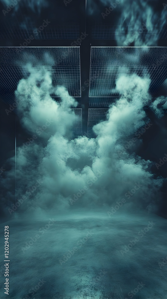 Poster abstract 3d background displays a dark foggy room with glowing grid overlay and concrete floor