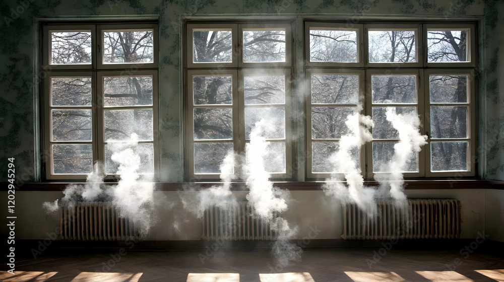 Poster sunlight streams through windows illuminating steam rising from radiators in an empty room.
