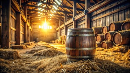 An old whiskey barrel stands proudly in a sunlit barn surrounded by hay bales and farm equipment, rural landscape, barn interior