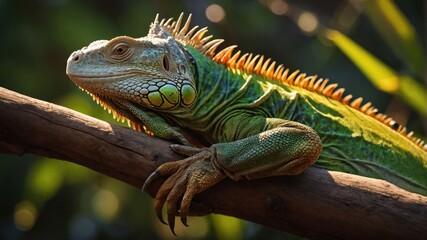 Fototapeta premium A vibrant green iguana resting on a branch in a natural setting.