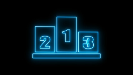 Glowing blue colour neon line Award over sports winner 1st, 2nd, 3rd podium icon isolated on black background. Vector illustration.	