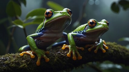 Two vibrant frogs perched on a mossy branch in a lush, misty environment.