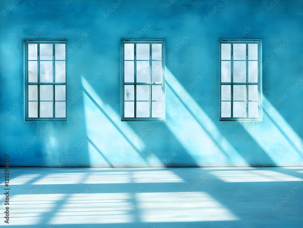 Poster sunlight streams through three windows illuminating a teal blue room, creating an ethereal ambiance.