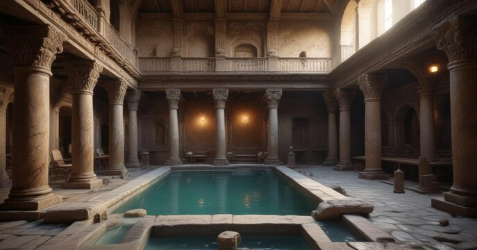 Ancient Roman bathhouse with intricate stonework and carvings, stone walls, marble floor