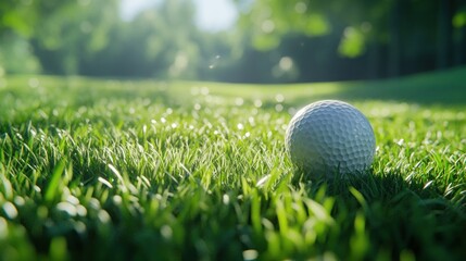 Obraz premium Golf ball on green, sunlit course, nature background, sport
