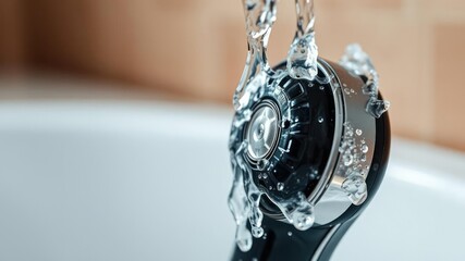 Close-up of shaver head with water pouring out, shine, flow