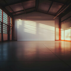 Empty Warehouse Interior with White Wall and Sunset Light Illuminates the Polished Concrete Floor.