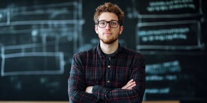 mathematician standing in front of algorithmic equations on board