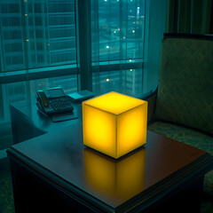 Yellow Cube Lamp Illuminates a Dark Hotel Room at Night with City View