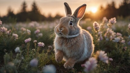 Fototapeta premium A rabbit frolics in a flower-filled field during sunset, capturing a serene moment in nature.