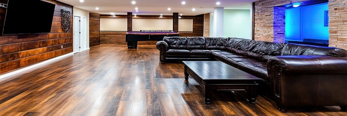 man cave furnished for the modern man to entertain friends - empty with no people 