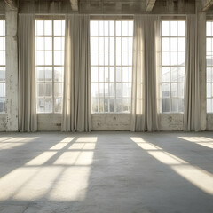 Empty Industrial Loft Space with Large Windows and Curtains, Filled with Natural Light