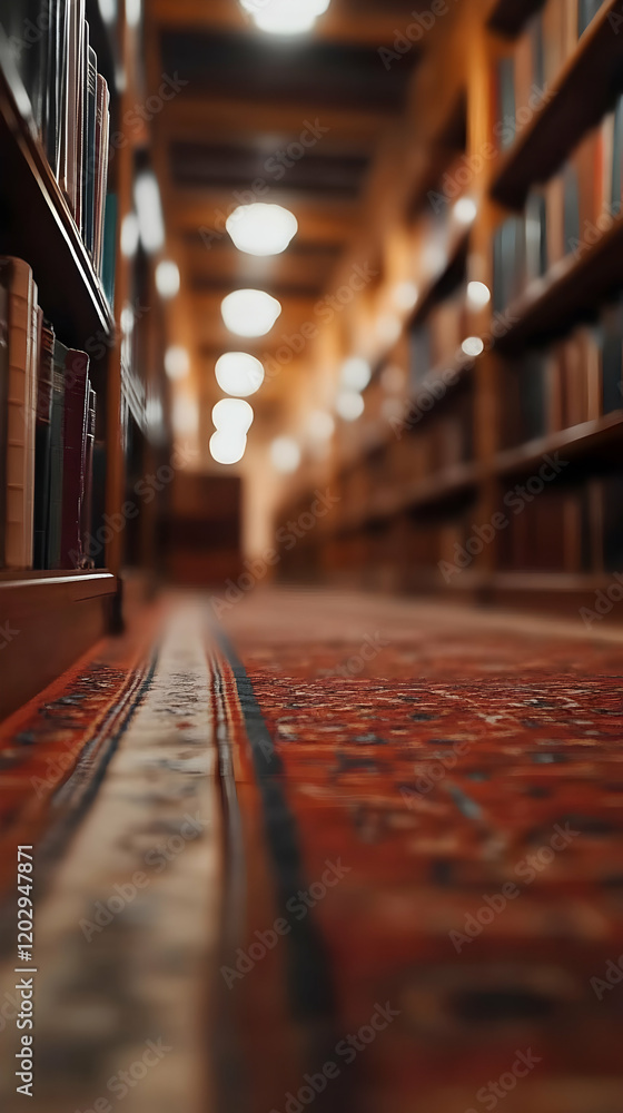 Poster low angle view of library hallway with bookshelves and ornamental carpet displaying a serene atmosph