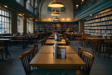 Obraz premium Empty library cafe tables and chairs invitingly arranged amidst bookshelves and soft lighting.