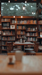 Cozy Cafe Interior Features a Bookshelf, Table, and Chairs in a Warm Setting.