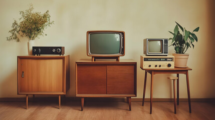 Vintage Televisions and Electronics Displayed on Wooden Furniture with Potted Plants