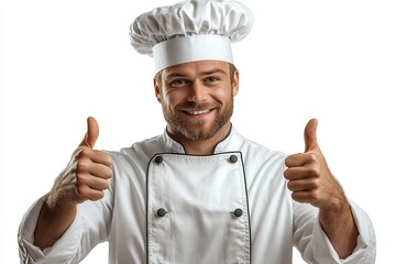 A smiling chef in a white uniform gives a thumbs-up, conveying positivity and enthusiasm.