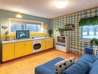 Retro Kitchen and Living Room Combine Yellow Cabinets, Blue Sofa, and Plaid Wallpaper