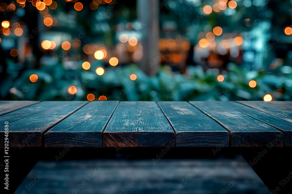 Poster empty dark wooden table top with blurred bokeh lights background for product display