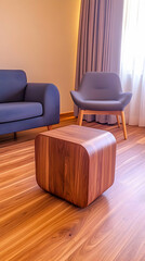 Modern Living Room Interior Shows a Wooden Coffee Table, Sofa, Armchair, and Curtains Accurately.