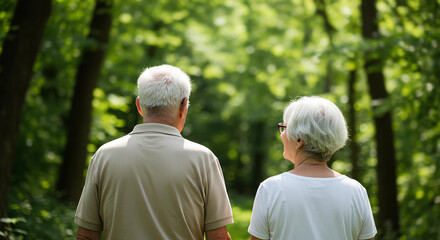 シニア夫婦の後ろ姿の写真。公園の背景｜Photo of a senior couple's back view. Park background
