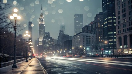 Naklejka premium Cityscape with motion-blurred streetlights and a beautiful abstract white and gray bokeh effect, streetlights, motion blur, cityscape