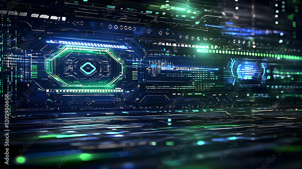 Poster futuristic server room displays data processing with green and blue lights efficiently