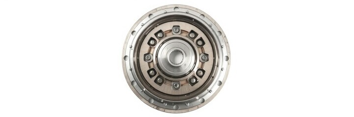 Obraz premium Centrifugal clutch with silver metallic components on white background, design, tool