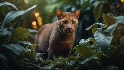 Obraz premium A close-up of a brown cat in lush greenery, showcasing its alert expression.