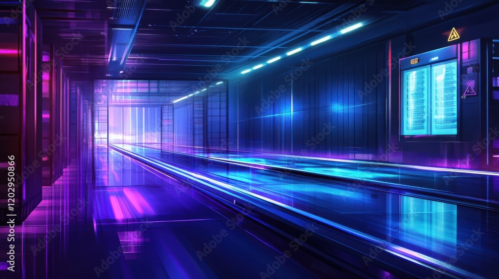 Poster futuristic corridor with neon lights and reflections, creating a vibrant atmosphere in a tech settin