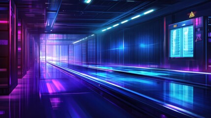 Futuristic corridor with neon lights and reflections, creating a vibrant atmosphere in a tech setting