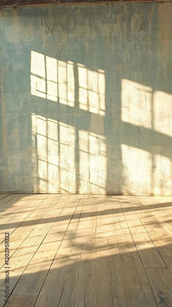 Poster sunlight streams through a window, casting shadows on a textured wall and wooden floor in an empty r