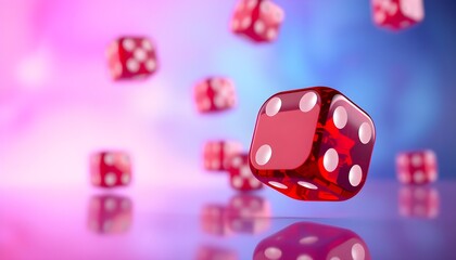 Vibrant Translucent Dice Hovering Over a Reflective Surface: A Thrilling Urban Gaming Night