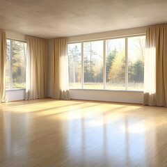 Empty Room with Large Windows Overlooking a Forest Bathed in Sunlight