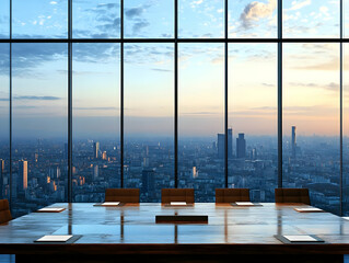 Modern conference room overlooks a vibrant cityscape at sunset through expansive windows.
