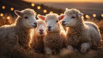 Fototapeta premium Four fluffy lambs sitting together in a warm, golden-lit field during sunset.