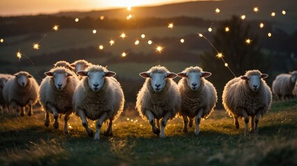 Fototapeta premium A herd of sheep running towards the camera at sunset, surrounded by twinkling lights.