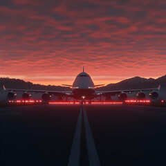 Obraz premium Airplane Stands on the Runway at Sunset with Dramatic Sky in Background