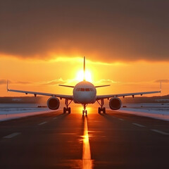 Obraz premium Passenger Airplane Stands on Runway During Golden Sunset at Airport