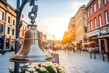 Obraz premium Shiny Brass Bell Hangs in a City Street at Sunset with Blurred Buildings and People