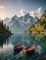 Obraz premium boats in the distance on a serene swiss lake near mountain peaks, landscape, mountains