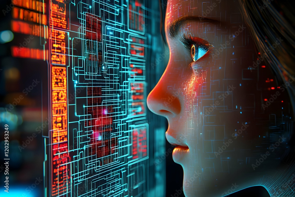 Poster woman observes complex circuit board displaying data in futuristic setting