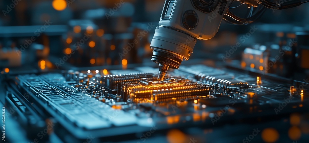 Poster robotic arm assembling circuit board in factory. industrial automation background
