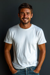 Smiling Young Man in Classic White T-Shirt and Jeans Against Neutral Studio Background