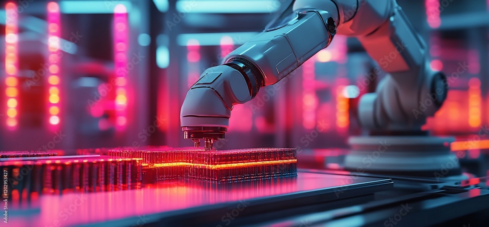 Poster robotic arm assembling circuit boards in futuristic factory